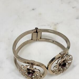 Vintage Garnet Rhinestones Cuff Bracelet Silver Tone Spring Hinged Closure